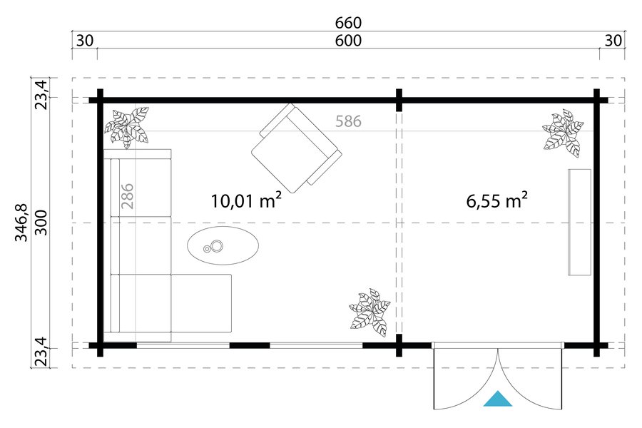 Dispozícia chatky Shetland 2 – izba cca 10 m² a menšia miestnosť cca 6,5 m²