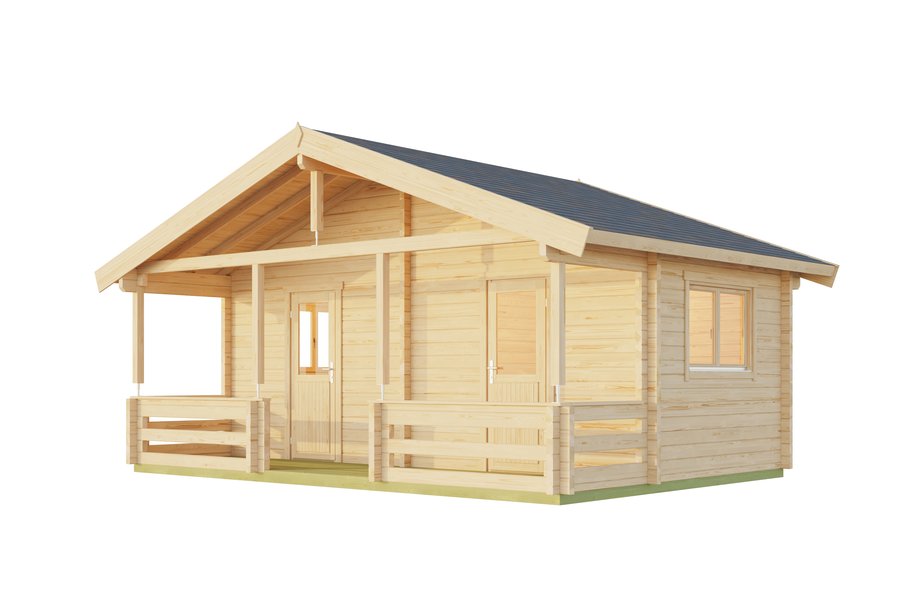 Drevená chatka Twin Cabin so sedlovou strechou a krytou verandou